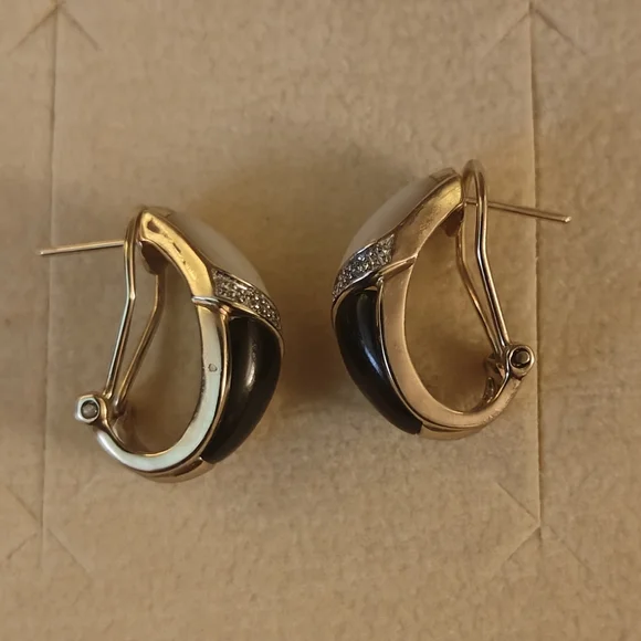 10k Gold Onyx And Mother Of Pearl Vintage Earrings - Picture 4 of 6